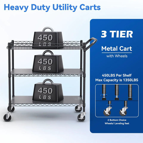 Heavy Duty Rolling Utility Cart Built Like A Tank For Busy Shops Rated At 1350 Lbs Commercial Metal Trolley Top Notch Swivel Casters NSF Certified Rugged Steel Server Rack Black Kitchen Crew Essential