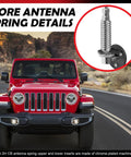 Marketty SS-3H CB antenna spring mount, stainless steel coil, installed on a red Jeep (front view)