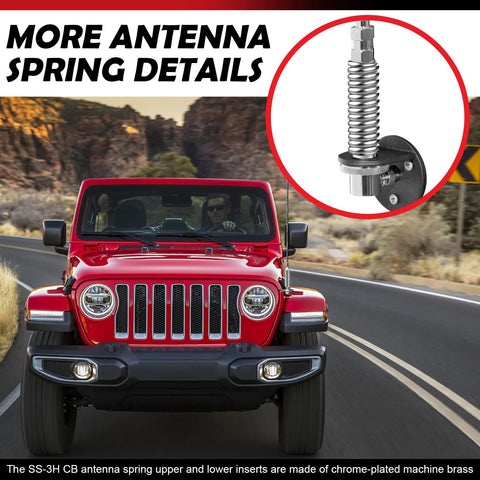 Marketty SS-3H CB antenna spring mount, stainless steel coil, installed on a red Jeep (front view)