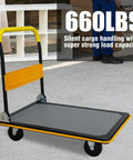 Beefy Heavy Duty Flatbed Cart With 660lbs Load Capacity Foldable Platform Hand Truck 360 Degree Swivel Wheels Quiet TPR Wheels Ergonomic Grip Multipurpose For Easy Hauling And Storage, yellow frame