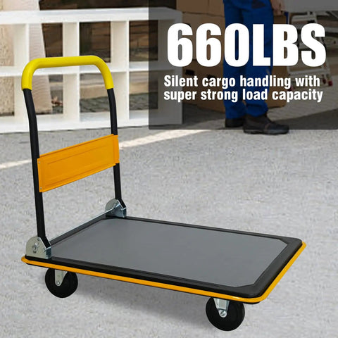 Beefy Heavy Duty Flatbed Cart With 660lbs Load Capacity Foldable Platform Hand Truck 360 Degree Swivel Wheels Quiet TPR Wheels Ergonomic Grip Multipurpose For Easy Hauling And Storage, yellow frame