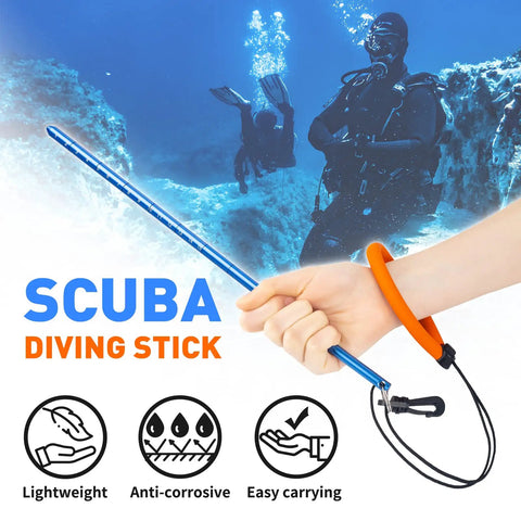 Hand holding Scuba Diving Stick 13 Inch Aluminum Alloy Pointer Rod with Measurement, Adjustable Lanyard, Swivel Snap Bolt in blue