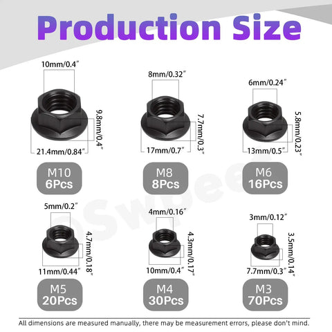 Heavy-Duty 150-Piece Assortment Kit Packed With M3 M4 M5 M6 M8 And M10 Black 304 Stainless Steel Serrated Flange Lock Nuts size dimensions chart