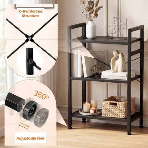 Dope Three Tier Industrial Bookcase With Metal Frame Black Finish showcasing adjustable feet and x-reinforced structure