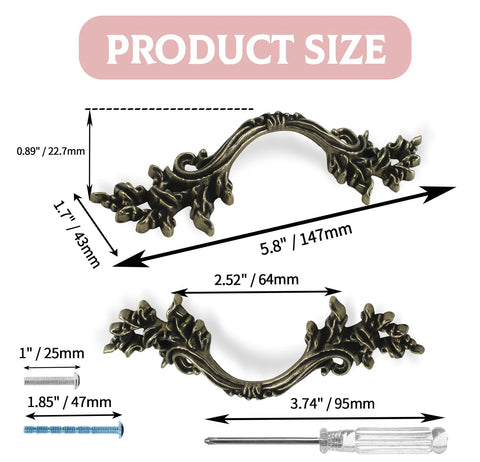 Two Pack European Style Dresser Pulls 2-1/2 Inch Bronze Antique Vintage Cabinet Handles For Dresser Drawer Closet And Cabinet Doors, with installation screws and product measurements