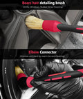 Six Piece Motorcycle Cleaning Kit with boar hair detailing brush cleaning a tire rim, showing flexible elbow connector.