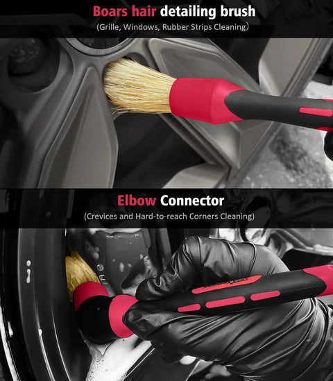 Six Piece Motorcycle Cleaning Kit with boar hair detailing brush cleaning a tire rim, showing flexible elbow connector.