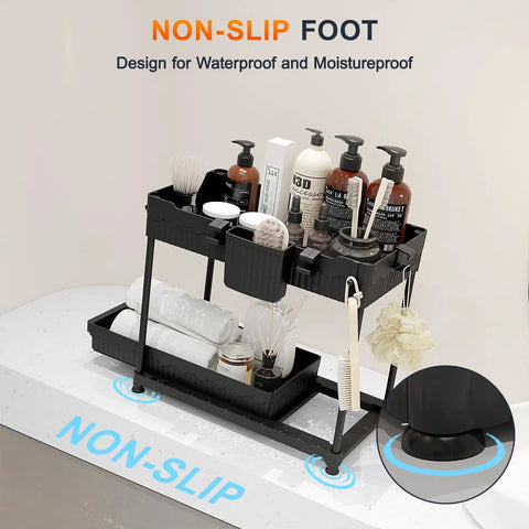 Four Pack Two Tier Under Sink Organizer With Hassle Free Slide Out Drawers For Bathroom Vanities And Kitchen Cabinets showing non-slip feet and organized skincare products.