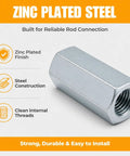 1/4-20 Hex Coupling Nut Set, Zinc-Plated Carbon Steel Rod Coupler showing zinc finish and internal threads for strength.