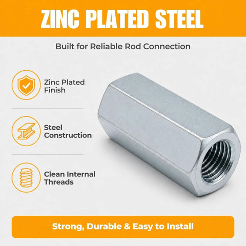 1/4-20 Hex Coupling Nut Set, Zinc-Plated Carbon Steel Rod Coupler showing zinc finish and internal threads for strength.