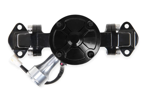 Top view of Badass Electric Water Pump delivering 35 GPM high flow in precision billet aluminum for Ford trucks and cars.
