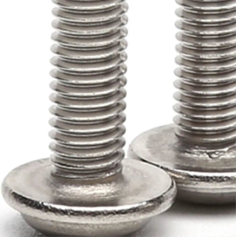 Heavy Duty 304 Stainless Steel Self Tapping Screws, Phillips Round Head With Cushion Pad Washers, M3 X 4mm close-up view.