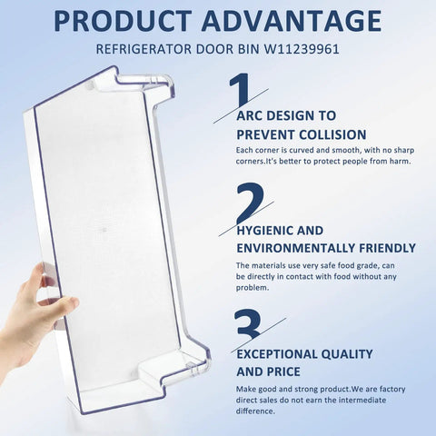 W11239961 Refrigerator Door Shelf Bin Replacement for WRS325SDH, WRS311SDH features smooth arc design for safety.