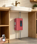 Rock Solid 3000W Instant Electric Hot Water Heater With Built Like A Tank Cast Aluminum Shell and Bright Digital Display installed under sink.
