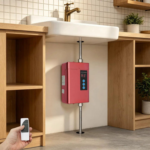 Rock Solid 3000W Instant Electric Hot Water Heater With Built Like A Tank Cast Aluminum Shell and Bright Digital Display installed under sink.