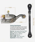 Western Cowboy Stainless Steel Spurs With Cowhide Belt German Silver Decorative Plate Featuring Gear Motif Copper Cap Buckle Spur Straps Included For Boots MP1229-02, side view showing gear pattern and measurement details.