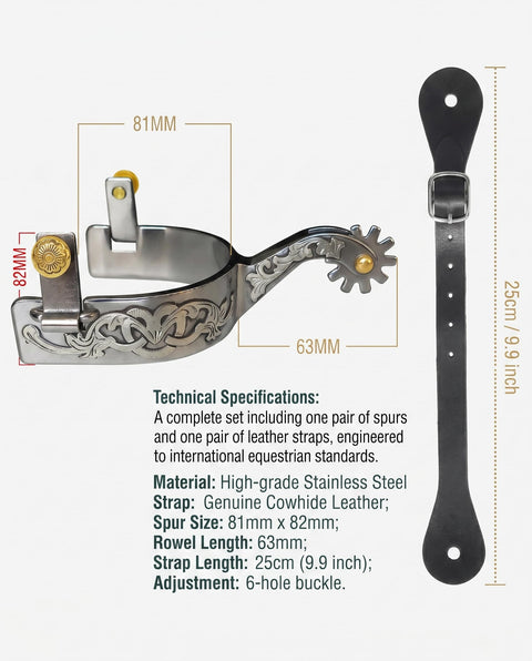Western Cowboy Stainless Steel Spurs With Cowhide Belt German Silver Decorative Plate Featuring Gear Motif Copper Cap Buckle Spur Straps Included For Boots MP1229-02, side view showing gear pattern and measurement details.