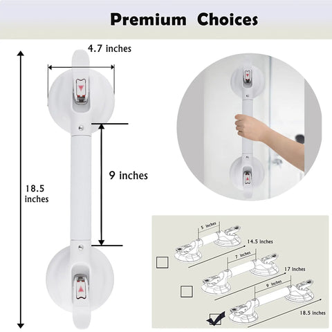 Diagram of Heavy Duty Suction Cup Shower Grab Bar For Tub And Toilet Safety, 18.5 Inch White Bath Handle with measurements.
