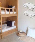 Heavy Duty Zinc Coated Bed Frame Connectors And Bed Rail Brackets on wall above wooden bunk beds in modern room.