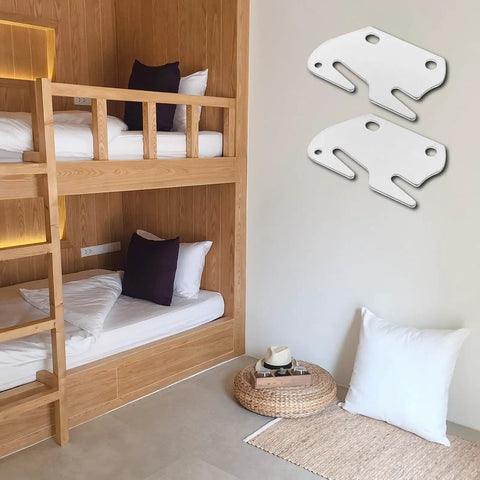 Heavy Duty Zinc Coated Bed Frame Connectors And Bed Rail Brackets on wall above wooden bunk beds in modern room.