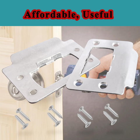 Reliable Universal Door Latch Restorer Strike Plate Pair In Warm Satin Nickel with screws, shown during installation.