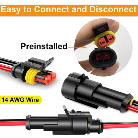 14 Gauge 2 Pin Waterproof Wire Connectors Kit with 10 Sets includes 10 male and 10 female connectors, heat shrink tubing