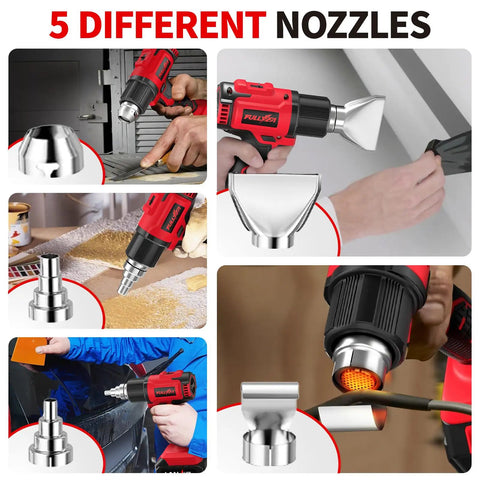 Cordless Heat Gun With Fast Heating Up To 1022F 550C, Lightweight Portable Hot Air Tool Kit With 2x4.0Ah Batteries And 5 Nozzles, Boss Level Performance For Shrink Tubing PVC Wrap Crafts Red shown with 5 different nozzles.