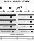 Double Curtain Rod For Windows 84 To 120 Inches Black 1 Inch Adjustable Heavy Duty Drapery Rod With Modern End Cap Finials parts display