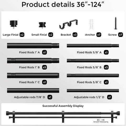 Double Curtain Rod For Windows 84 To 120 Inches Black 1 Inch Adjustable Heavy Duty Drapery Rod With Modern End Cap Finials parts display