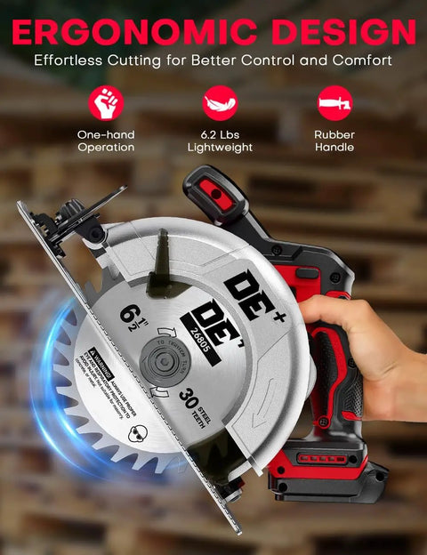 This Badass 6.5 Inch Cordless Circular Saw Packs An 8000 Rpm Brushless Motor Built For Milwaukee M18 Batteries Delivers Smooth Cuts And Serious Job Site Muscle Every Single Time; ergonomic design with rubber handle and 6.2 lbs weight.