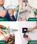 Four views of Eight In One Wire Crimping And Stripping Tool with Voltage Detector in use for cutting, stripping, winding, and electrical measurement.