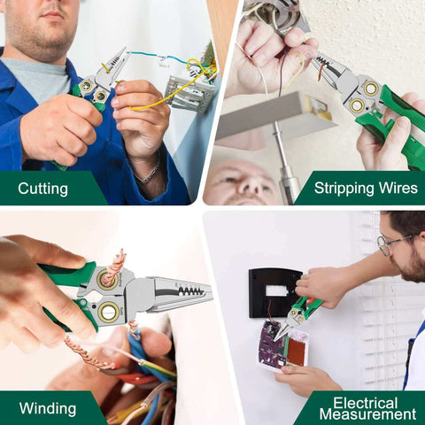 Four views of Eight In One Wire Crimping And Stripping Tool with Voltage Detector in use for cutting, stripping, winding, and electrical measurement.