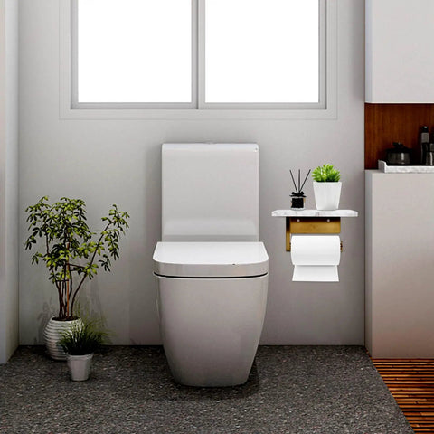 Dope Mega Roll Toilet Paper Holder With Natural Marble Shelf, wall mounted in a modern bathroom setting