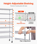 Height-adjustable shelving on a 7 Tier Rolling Bin Storage Rack with 24 bins, mobile steel wire shelving system on wheels.