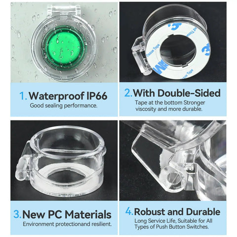22mm Push Button Switch With Clear Protective Cover IP66 Waterproof No Fuss Install 3M Tape features and benefits displayed