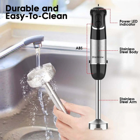 Heavy Duty Corded Hand Blender With Knockout Copper Motor And Twelve Speed Settings Plus Quick Pulse Turbo For Hassle Free Smoothie Blending Rich Soup Whipping And Baby Food Prep under running water in sink.