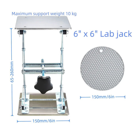 Heavy Duty 6X6 Inch Lab Scissor Jack Stand Adjustable Height 65-260mm, stainless steel platform, max 10kg support.