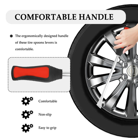 Heavy Duty Tire Spoon Lever Tool Set With 3 Spoons And 2 Rim Protectors, ergonomic handle in use on wheel