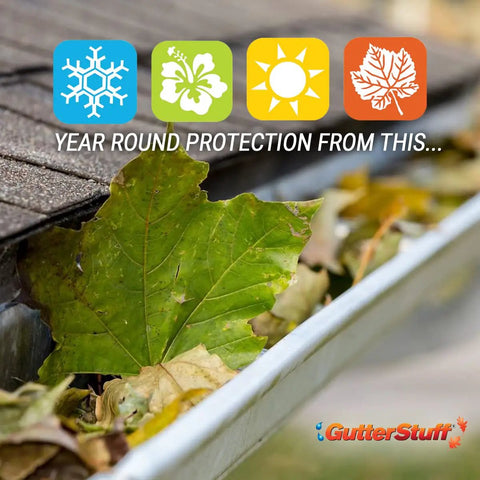Gutter Guard Foam Filter For 4 Inch K Style Gutters No Fuss Easy DIY Install Year Round Leaf Protection Keeps Water Flowing Eight 4 Inch Pieces Pack Durable Debris Shield installed in gutter with leaves.