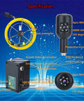 Heavy Duty Waterproof Snake Camera With Dual Lens And 9 Inch Color Monitor Game Changing Drain Inspection Kit Featuring 50 Meter Wire Length, showing wiring and specifications.