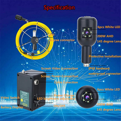 Heavy Duty Waterproof Snake Camera With Dual Lens And 9 Inch Color Monitor Game Changing Drain Inspection Kit Featuring 50 Meter Wire Length, showing wiring and specifications.