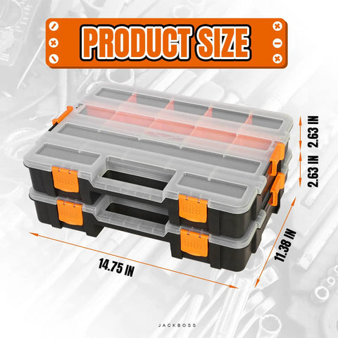 Kickass Workhorse Two Pack Tool Box Organizers Featuring Crystal Clear Lids And Seventeen Custom Slide Apart Compartments For Screws Bolts Nails Hardware Fishing Tackle And Shop Projects Vibrant Orange Finish