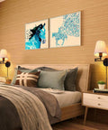 Bedroom scene with 7 Inch Plug In Wall Sconce With Dimmable Stepless Brightness Fabric Linen Shade For Bedroom Reading Room And Hotel Ambience Ideal For Cozy Soft Glow And Easy Cord Plug In Lighting, illuminating artwork and bed area.
