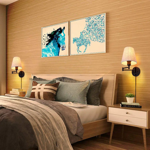 Bedroom scene with 7 Inch Plug In Wall Sconce With Dimmable Stepless Brightness Fabric Linen Shade For Bedroom Reading Room And Hotel Ambience Ideal For Cozy Soft Glow And Easy Cord Plug In Lighting, illuminating artwork and bed area.