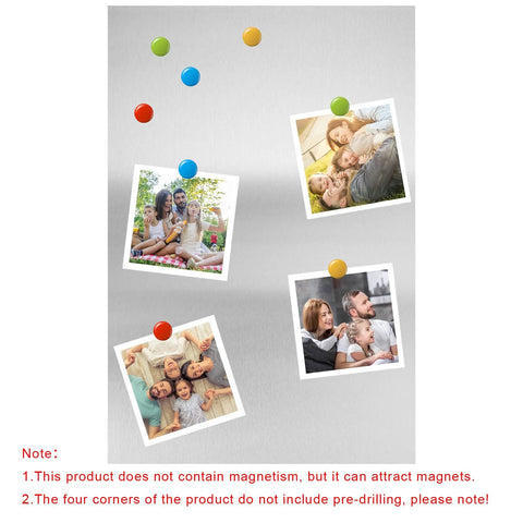 430 stainless steel sheet, 8x12 inches, 1/16" thick, magnetic mounting board with photos secured by magnets (front view).