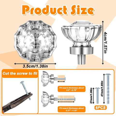 Size details of Six Pack Crystal Cabinet Knobs With Flower Glass Handles 1.4 Inch Diameter Clear Crystal With Brushed Gold Bases
