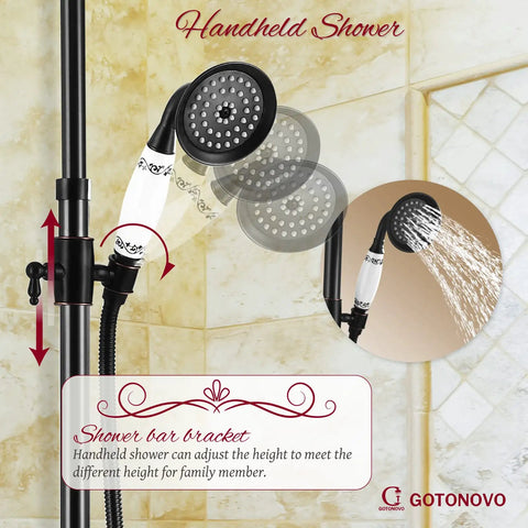 Oil Rubbed Bronze Shower System With 8 Inch Rain Shower Head Two Handle Brass Faucet Three Function Diverter Tub Spout Wall Mount Bath Fixture Set Durable 1.4 GPM Flow For Modern Bathrooms handheld shower adjustment