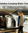 Ten Point Five Gallon Stainless Steel Water Jug For Camping And Overlanding With Point Eight Millimeter Wall Thickness Rugged Portable Water Container Includes Flexible Hose Gloves And Sealing Rings Emergency Ready in a car trunk by a river.