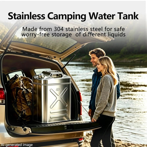 Ten Point Five Gallon Stainless Steel Water Jug For Camping And Overlanding With Point Eight Millimeter Wall Thickness Rugged Portable Water Container Includes Flexible Hose Gloves And Sealing Rings Emergency Ready in a car trunk by a river.