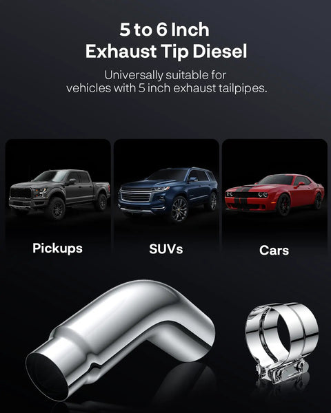 5 To 6 Inch Exhaust Elbow Tip With Clamp Chrome Diesel Tip For Pickup Trucks And Cars, image showing pickups, SUVs, and cars